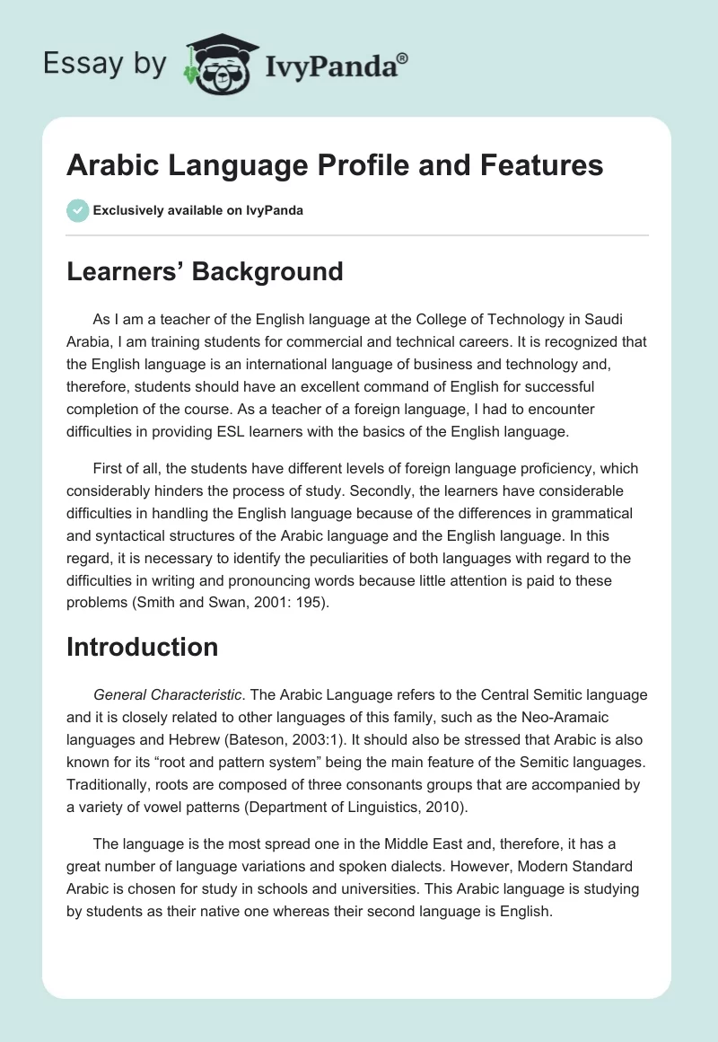 Arabic Language Profile and Features. Page 1