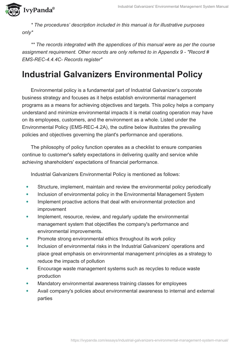 Industrial Galvanizers' Environmental Management System Manual. Page 3