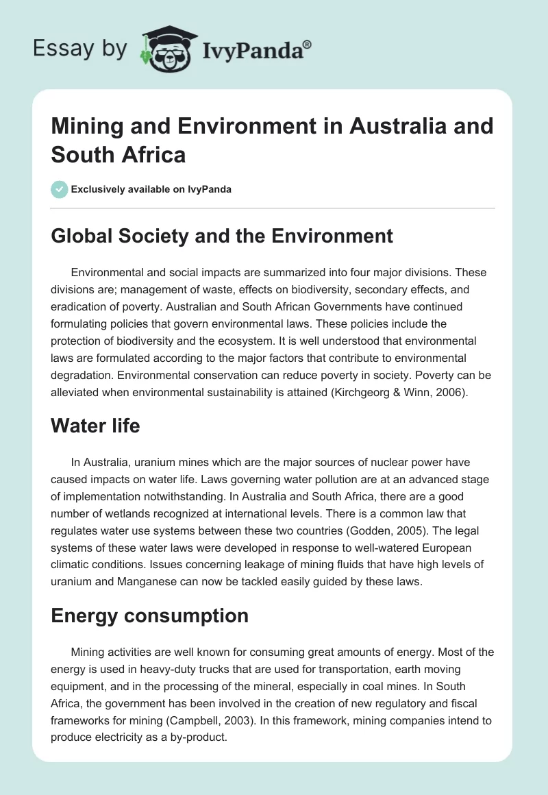 Mining and Environment in Australia and South Africa. Page 1