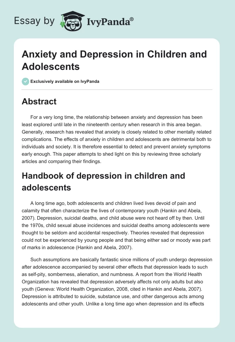 Anxiety and Depression in Children and Adolescents. Page 1