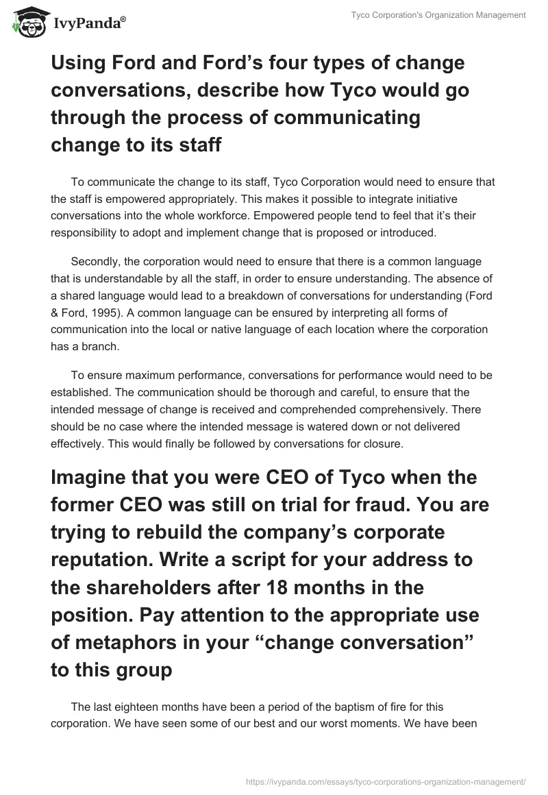Tyco Corporation's Organization Management. Page 3