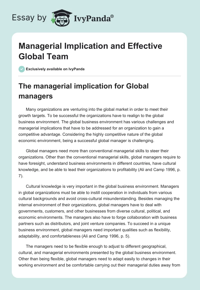 Managerial Implication and Effective Global Team. Page 1