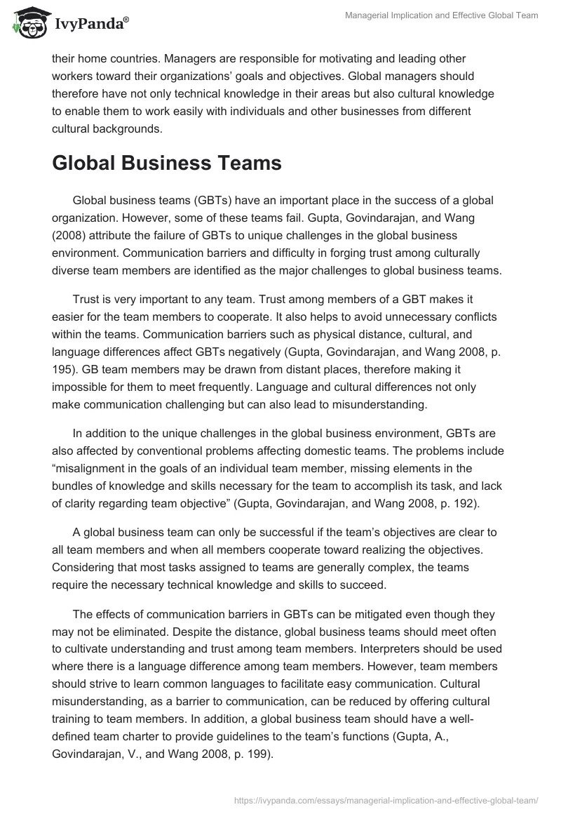 Managerial Implication and Effective Global Team. Page 2