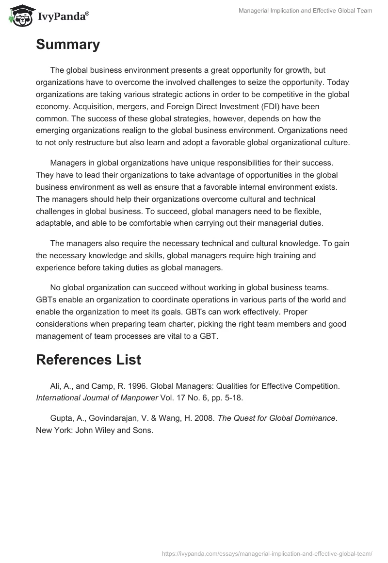 Managerial Implication and Effective Global Team. Page 3