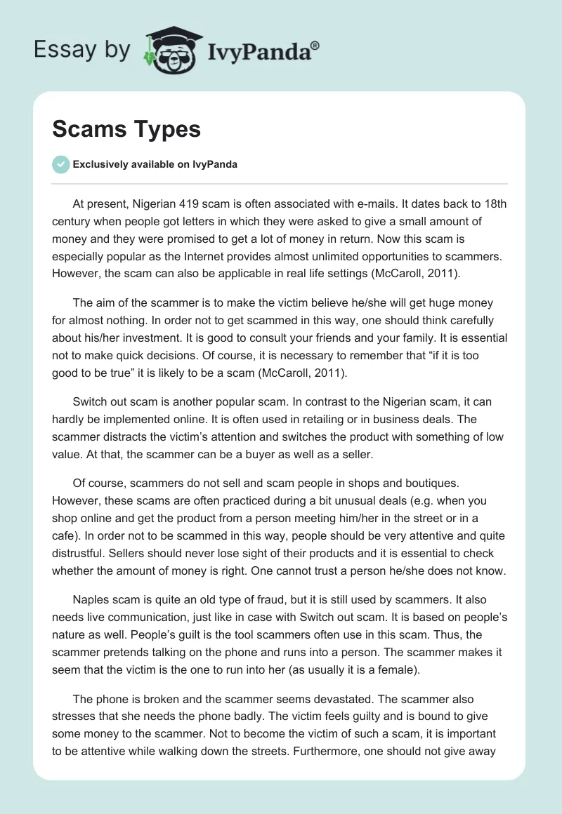 Scams Types. Page 1