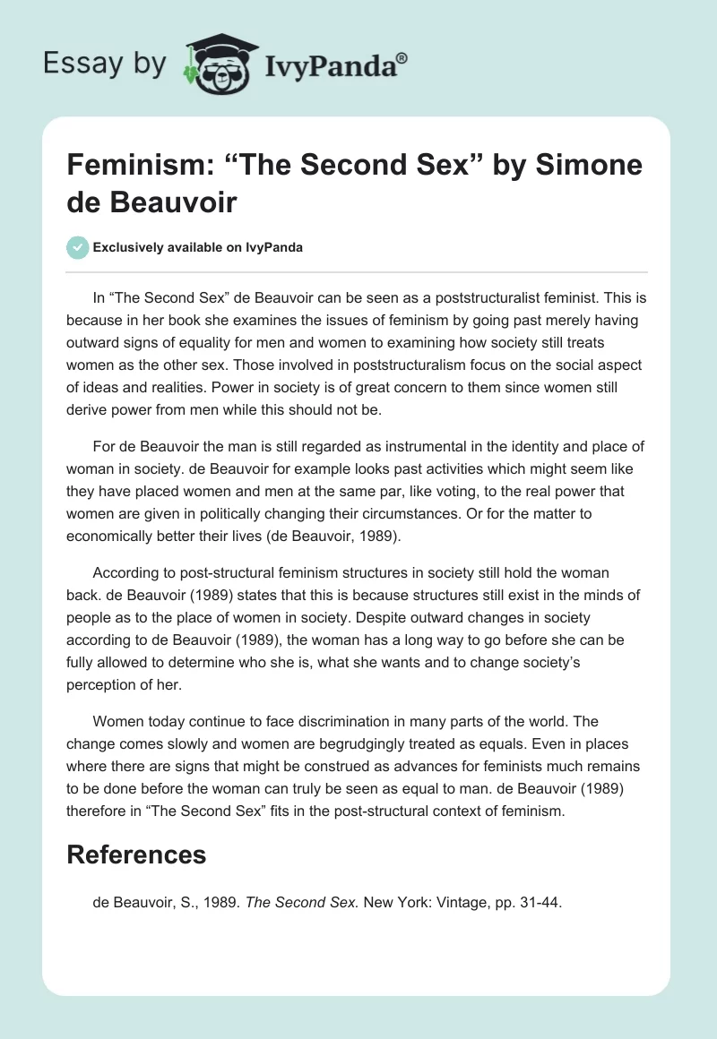 Feminism: “The Second Sex” by Simone de Beauvoir. Page 1