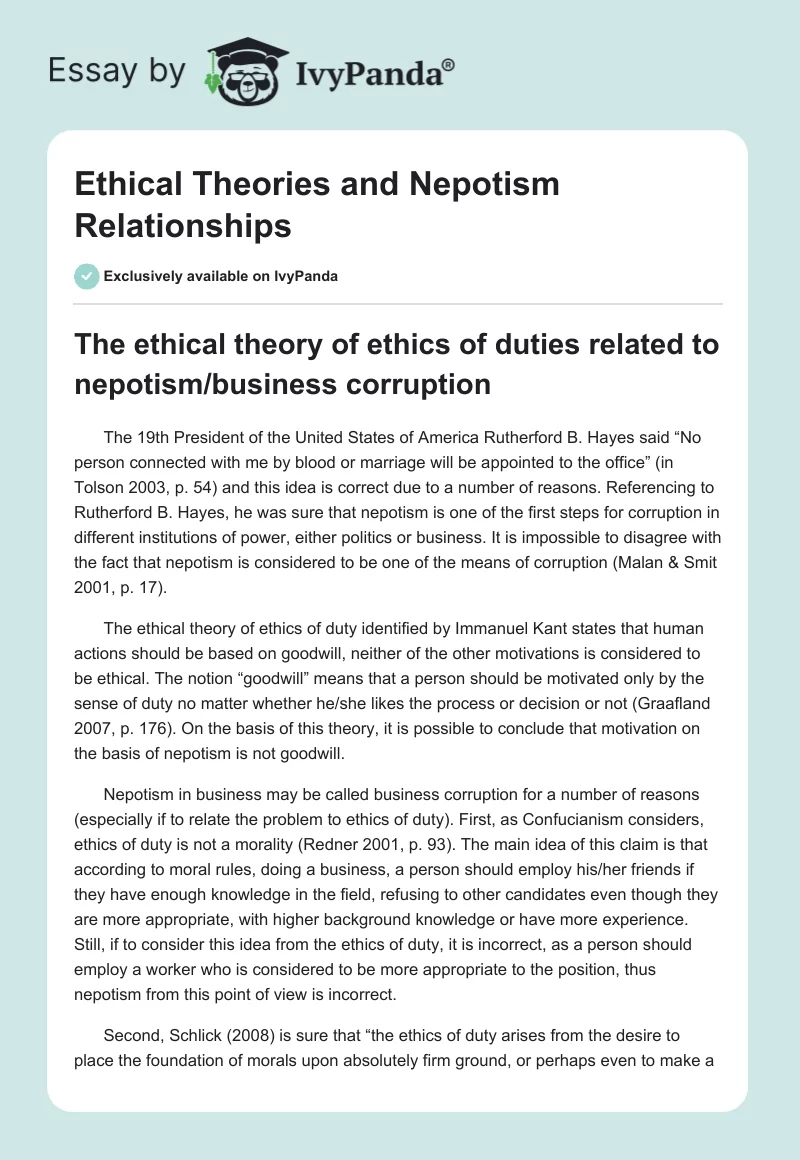Ethical Theories and Nepotism Relationships. Page 1