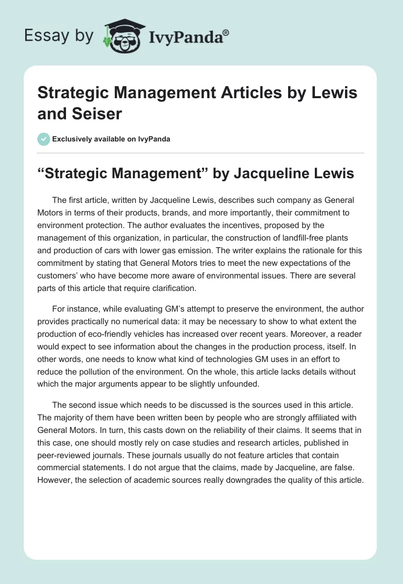 Strategic Management Articles by Lewis and Seiser. Page 1