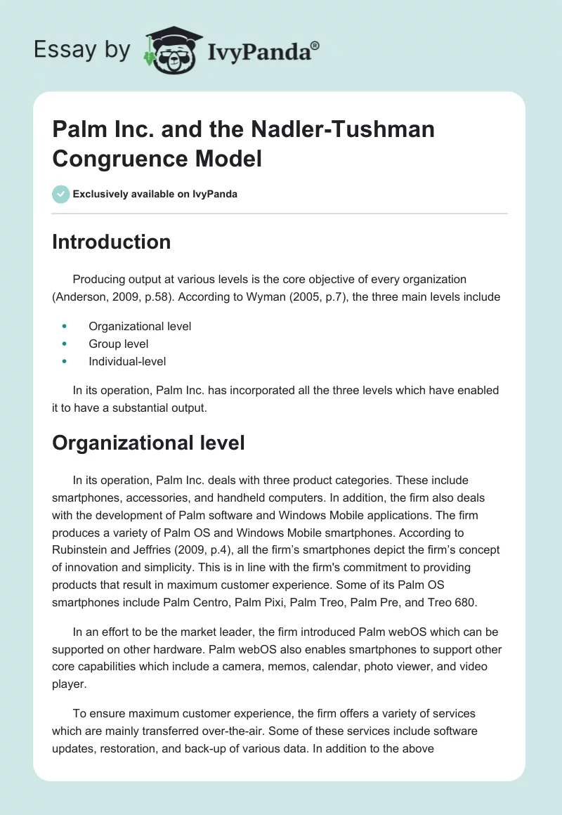 Palm Inc. and the Nadler-Tushman Congruence Model. Page 1