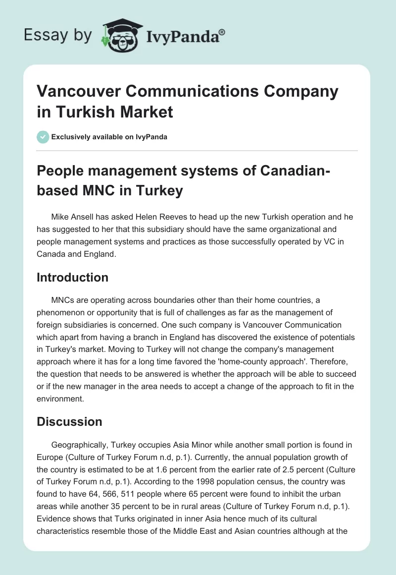 Vancouver Communications Company in Turkish Market. Page 1
