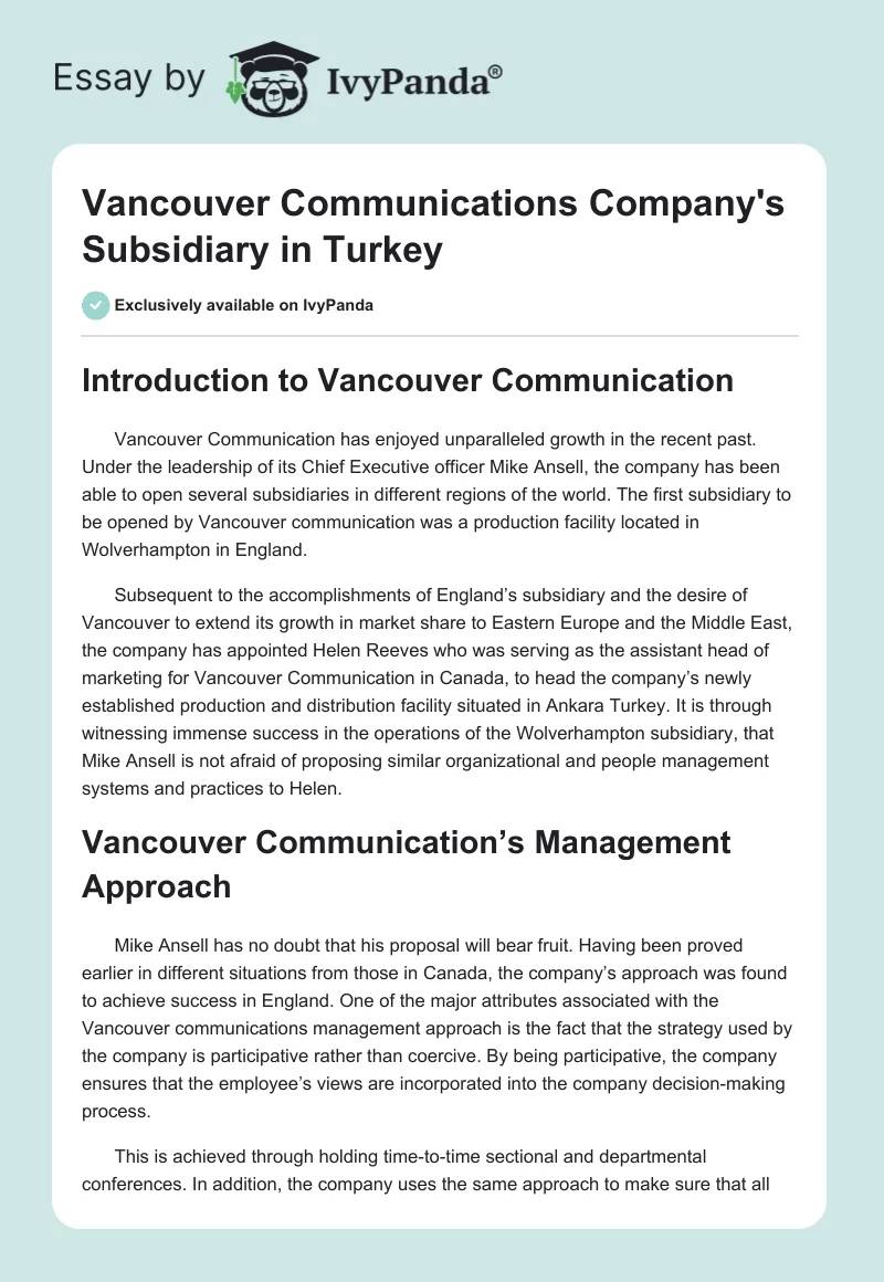 Vancouver Communications Company's Subsidiary in Turkey. Page 1
