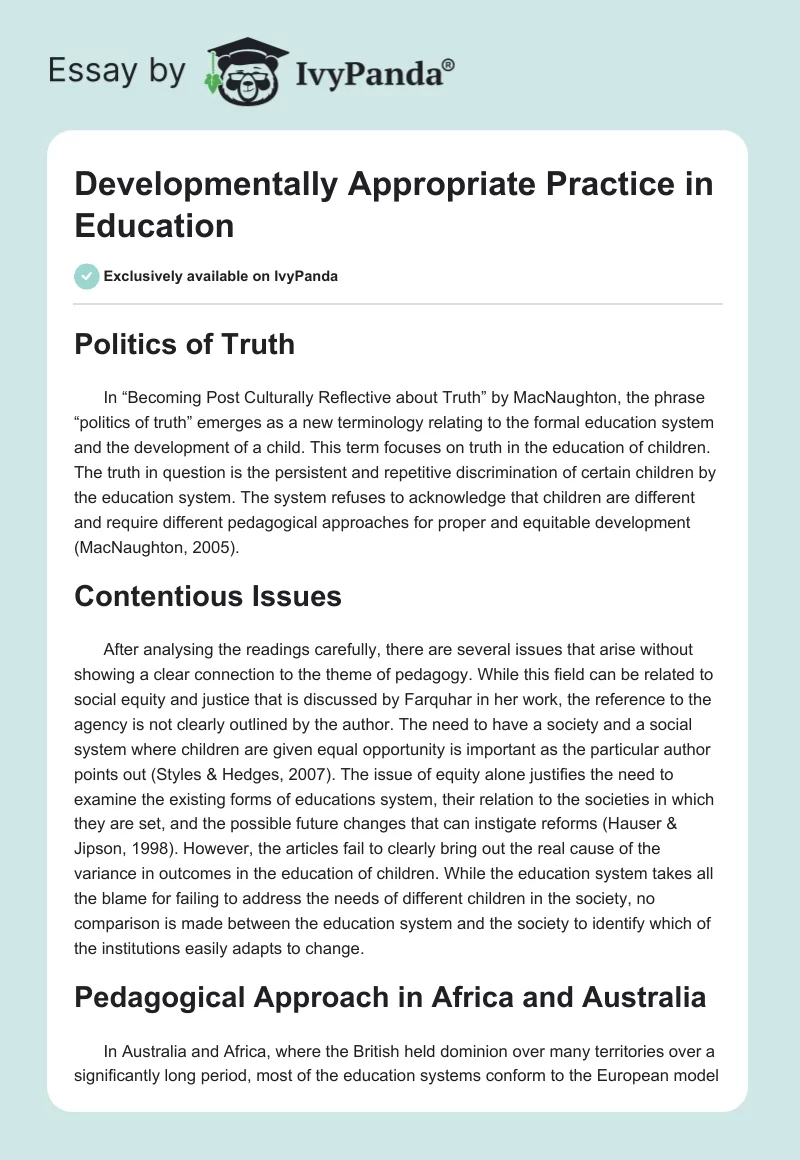 Developmentally Appropriate Practice in Education. Page 1