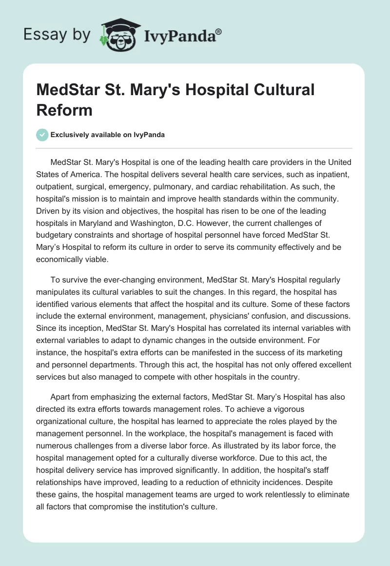 MedStar St. Mary's Hospital Cultural Reform. Page 1