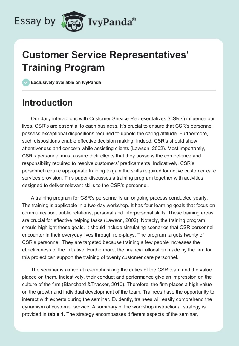 Customer Service Representatives' Training Program. Page 1