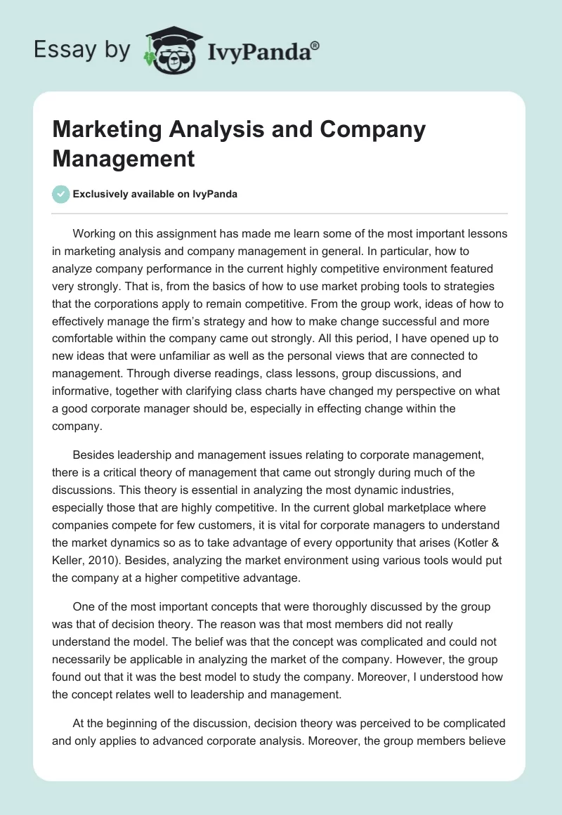 Marketing Analysis and Company Management. Page 1