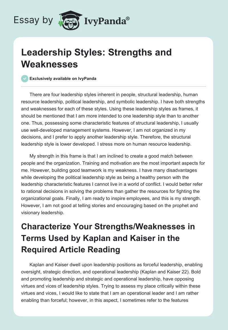 Leadership Styles: Strengths and Weaknesses. Page 1
