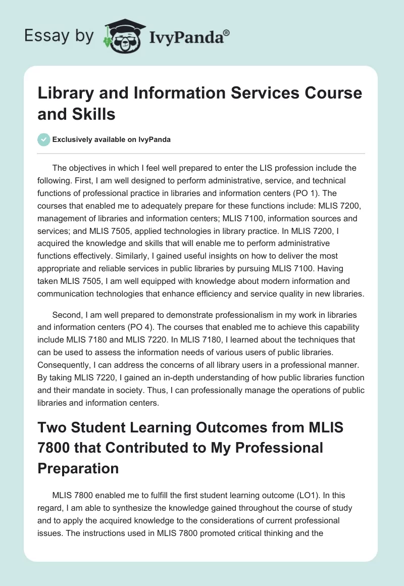 Library and Information Services Course and Skills. Page 1