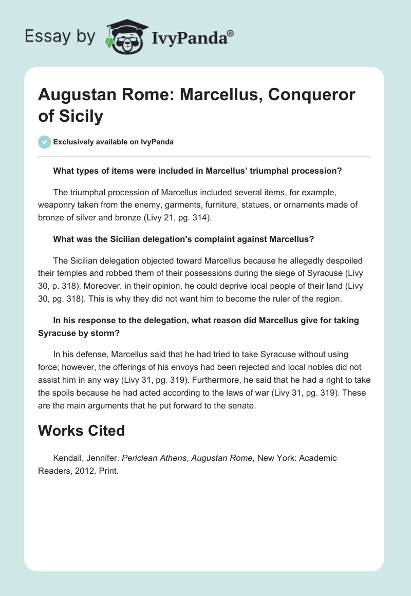 Augustan Rome: Marcellus, Conqueror of Sicily. Page 1