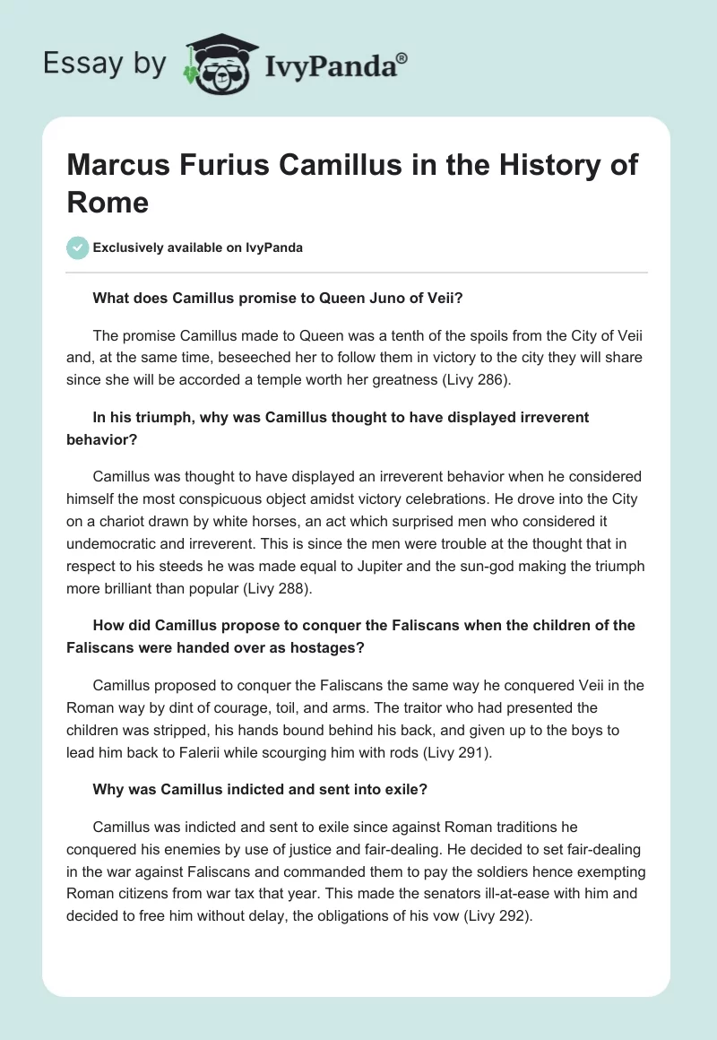 Marcus Furius Camillus in the History of Rome. Page 1