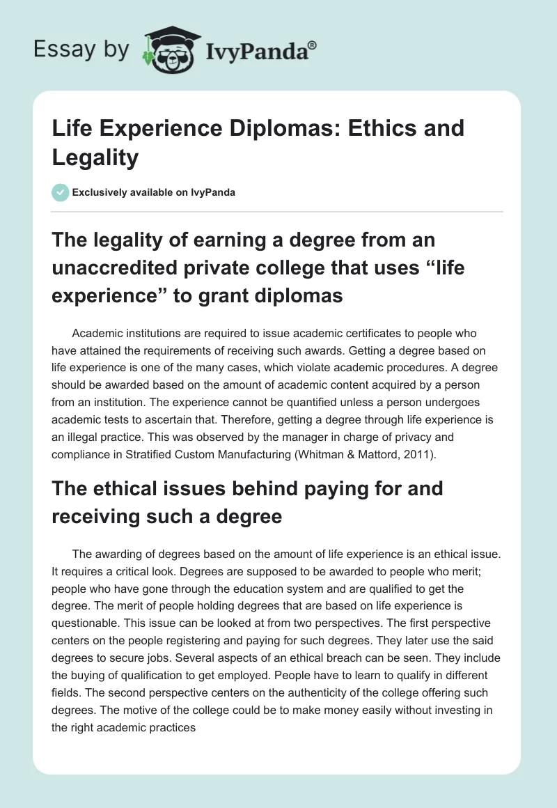 "Life Experience" Diplomas: Ethics and Legality. Page 1