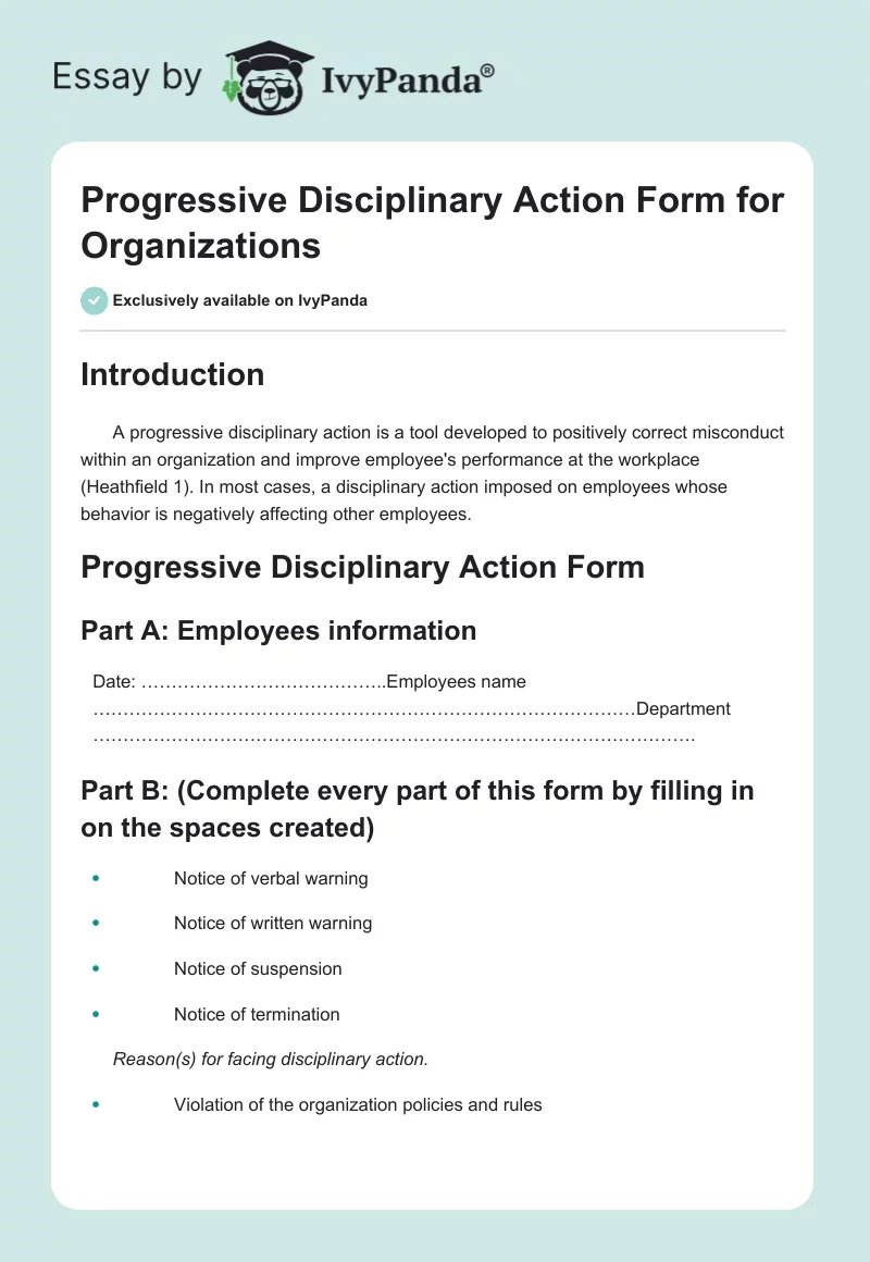 Progressive Disciplinary Action Form for Organizations. Page 1