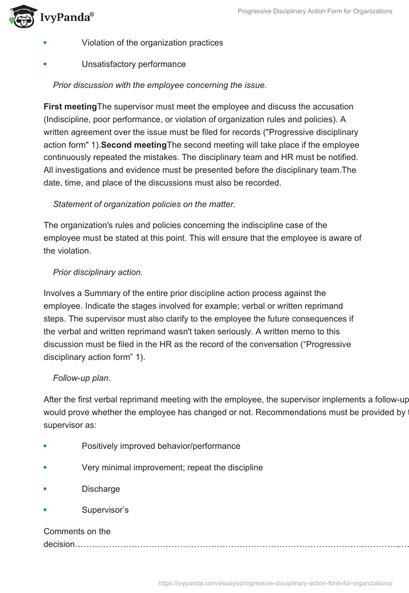 Progressive Disciplinary Action Form for Organizations. Page 2