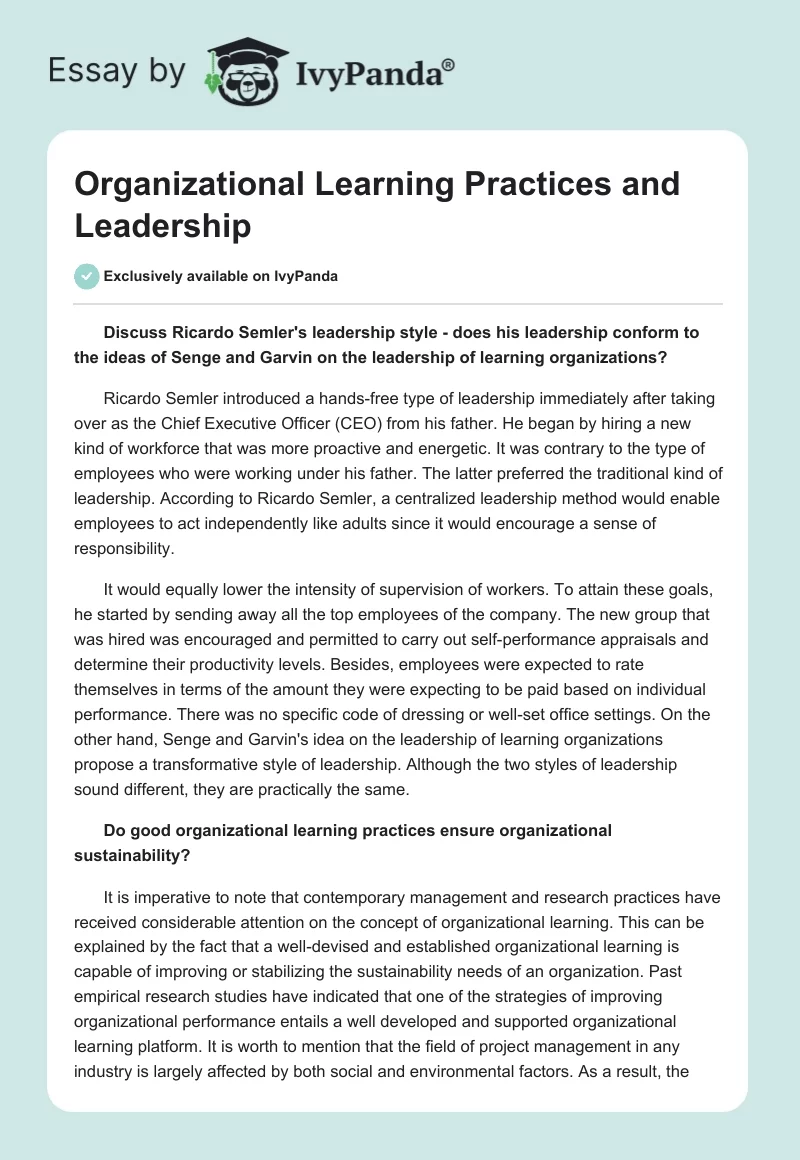 Organizational Learning Practices and Leadership. Page 1