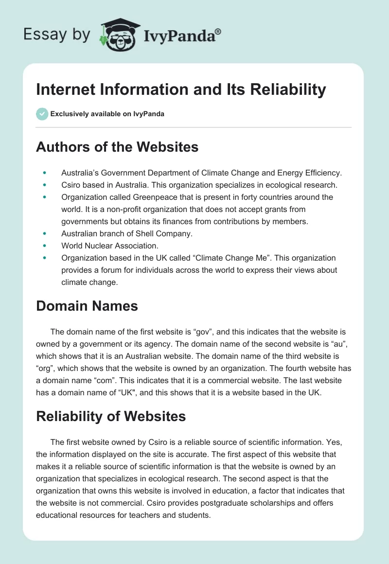 Internet Information and Its Reliability. Page 1