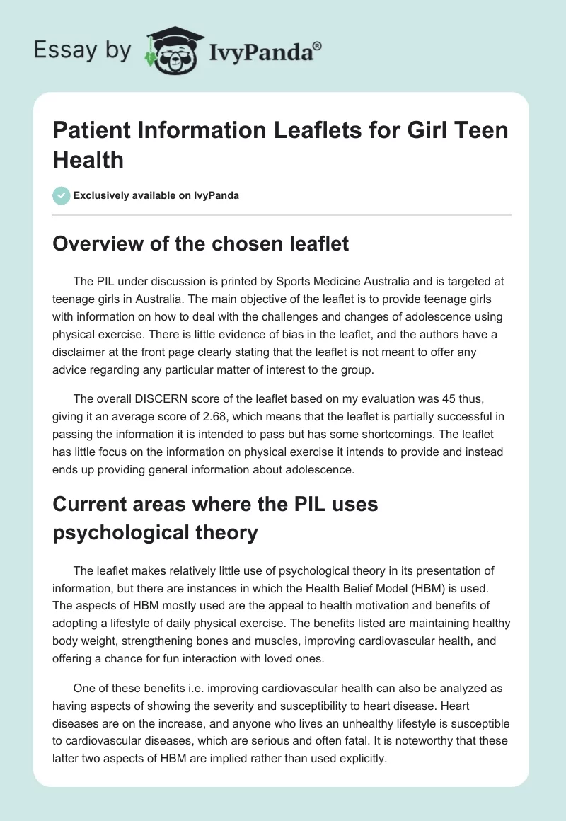 Patient Information Leaflets for Girl Teen Health. Page 1