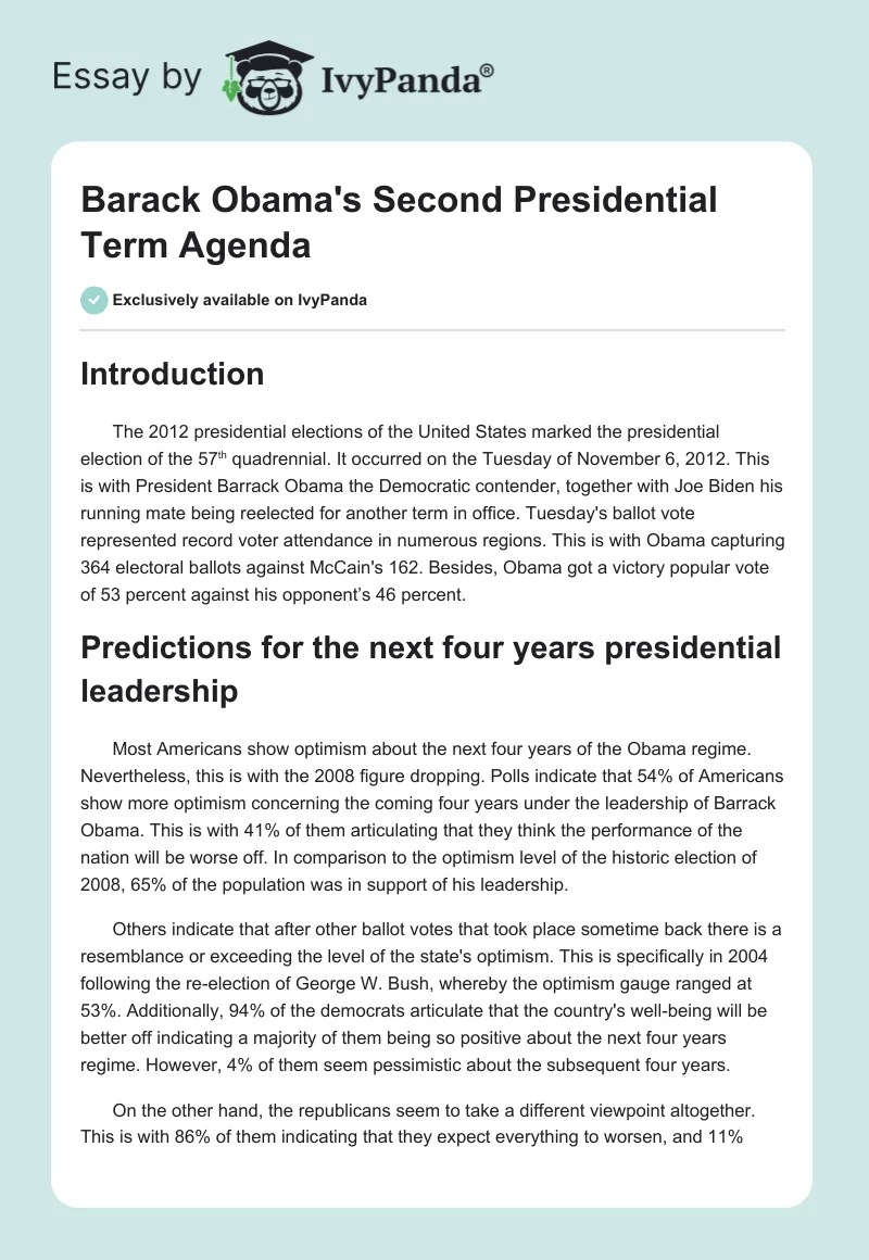 Barack Obama's Second Presidential Term Agenda. Page 1
