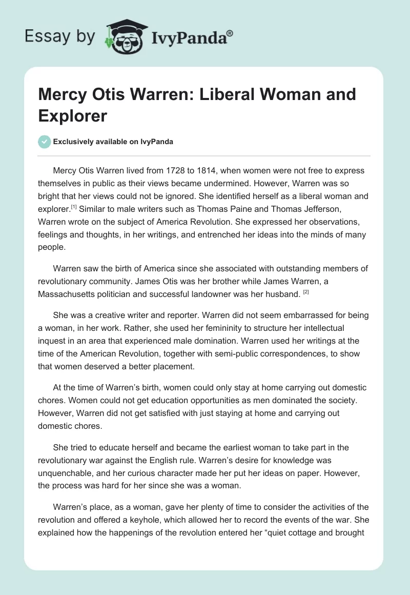 Mercy Otis Warren: Liberal Woman and Explorer. Page 1