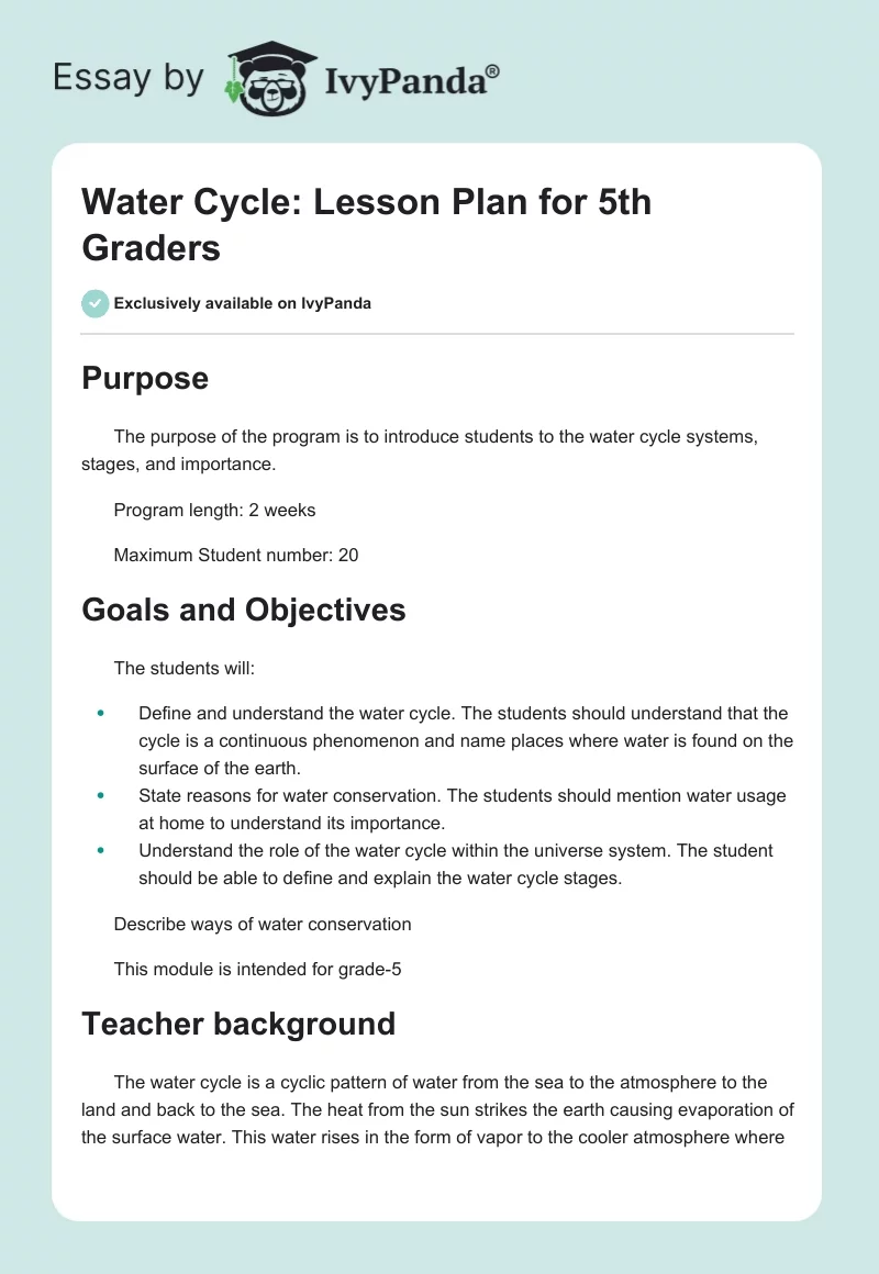 Water Cycle: Lesson Plan for 5th Graders. Page 1