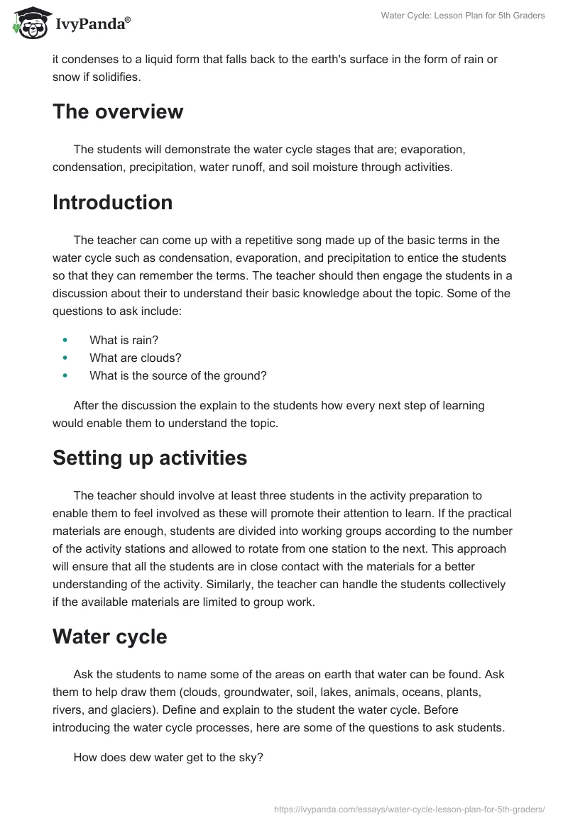 Water Cycle: Lesson Plan for 5th Graders. Page 2
