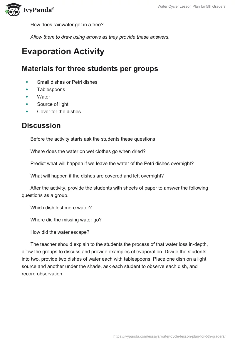 Water Cycle: Lesson Plan for 5th Graders. Page 3
