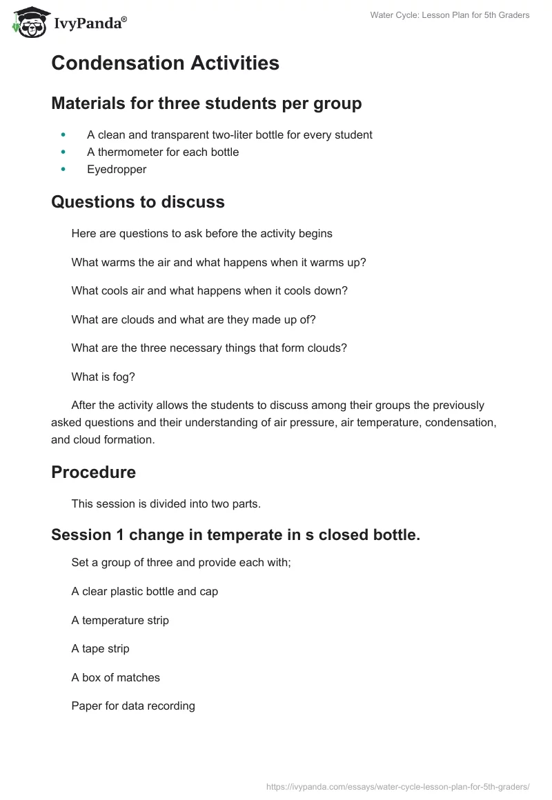 Water Cycle: Lesson Plan for 5th Graders. Page 4
