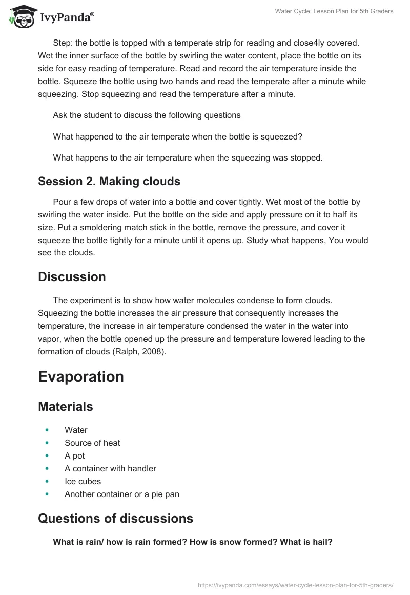 Water Cycle: Lesson Plan for 5th Graders. Page 5