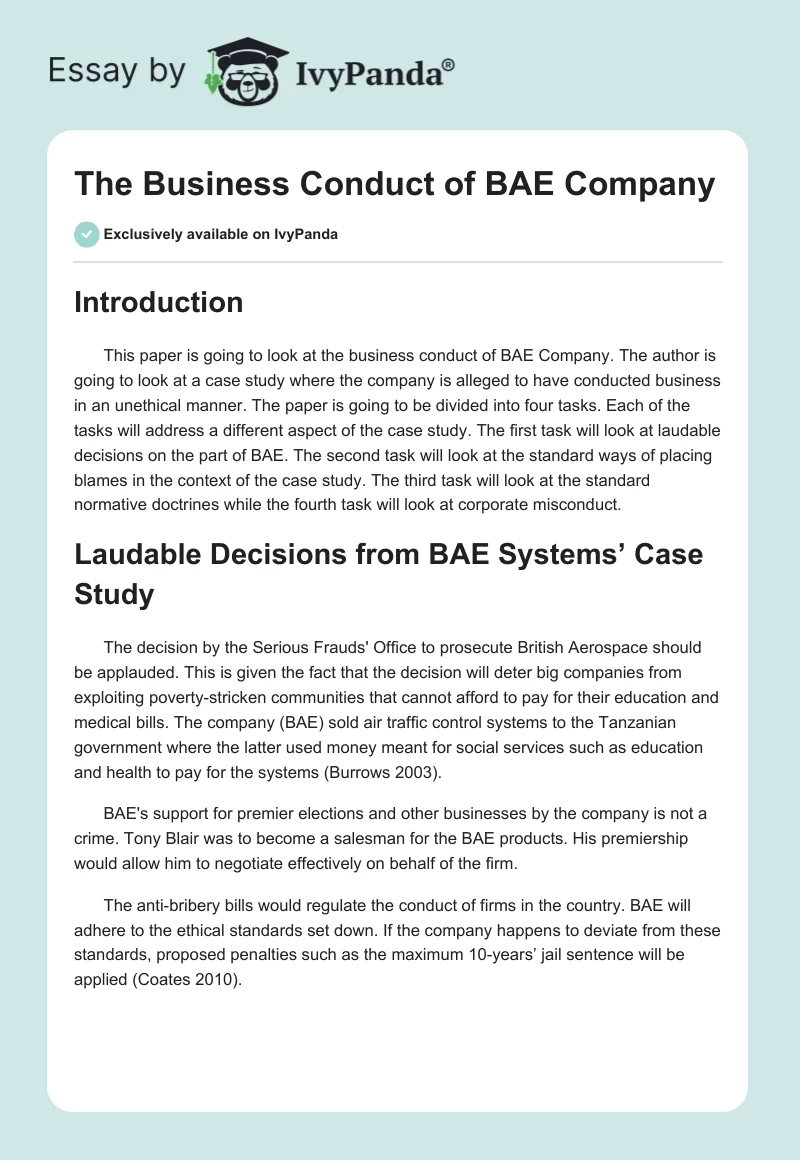 The Business Conduct of BAE Company. Page 1