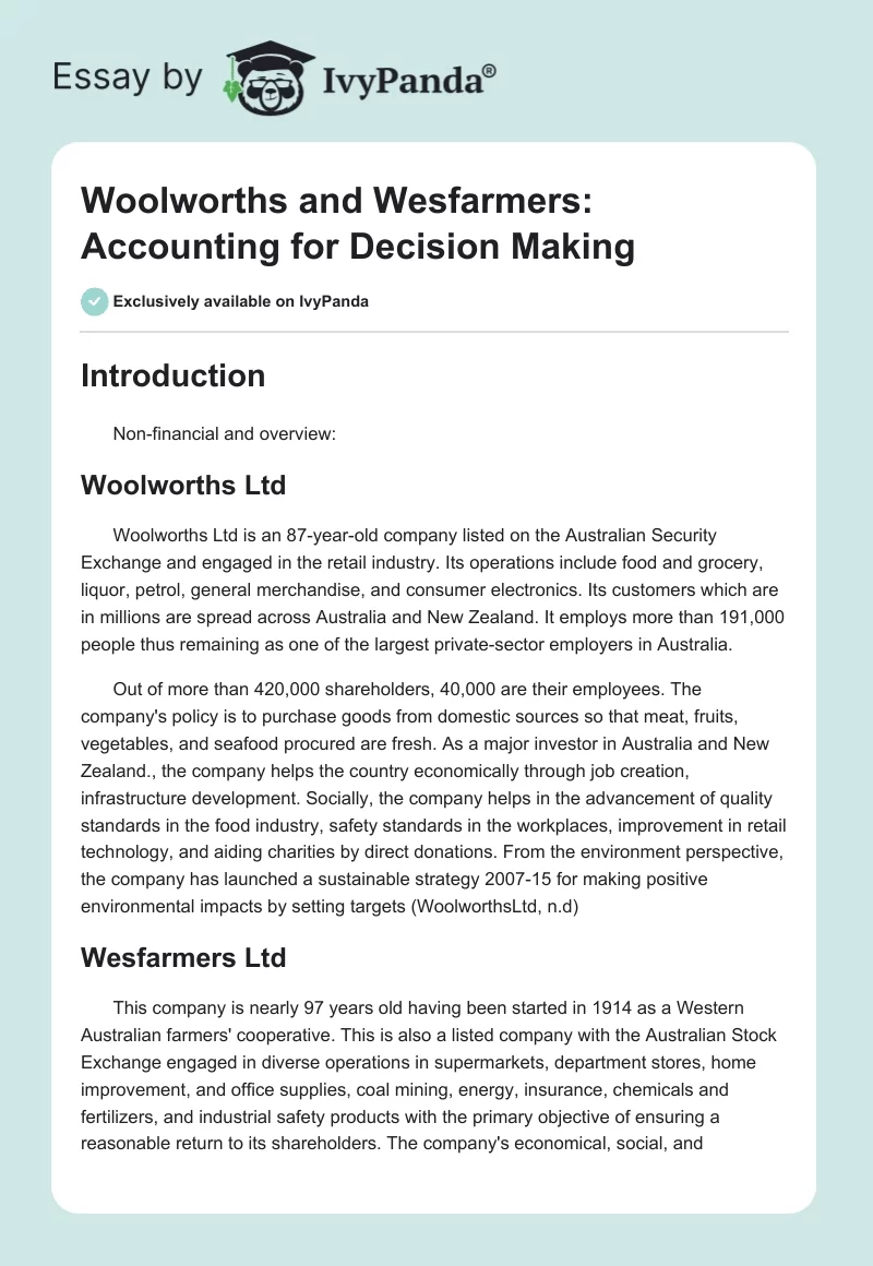 Woolworths and Wesfarmers: Accounting for Decision Making. Page 1