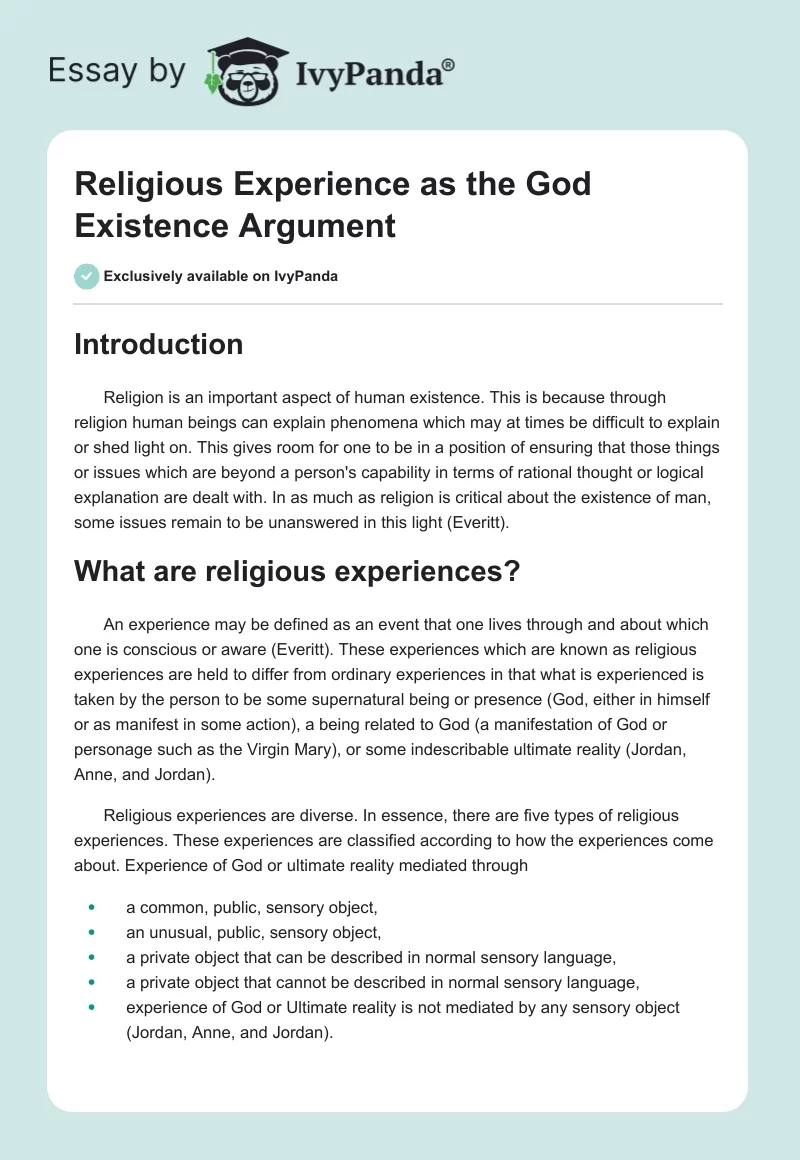 Religious Experience as the God Existence Argument. Page 1