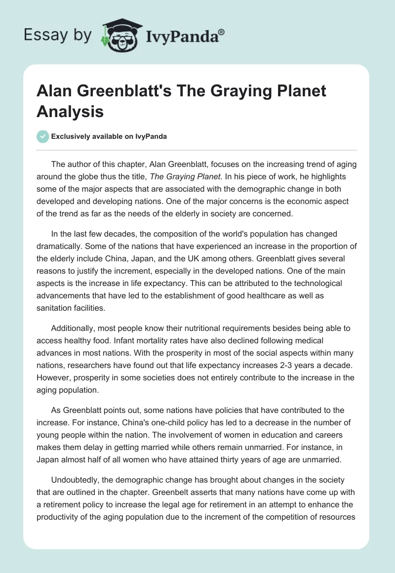 Alan Greenblatt's "The Graying Planet" Analysis. Page 1