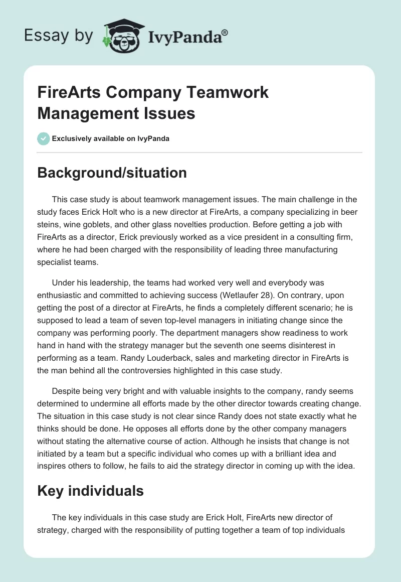 FireArts Company Teamwork Management Issues. Page 1