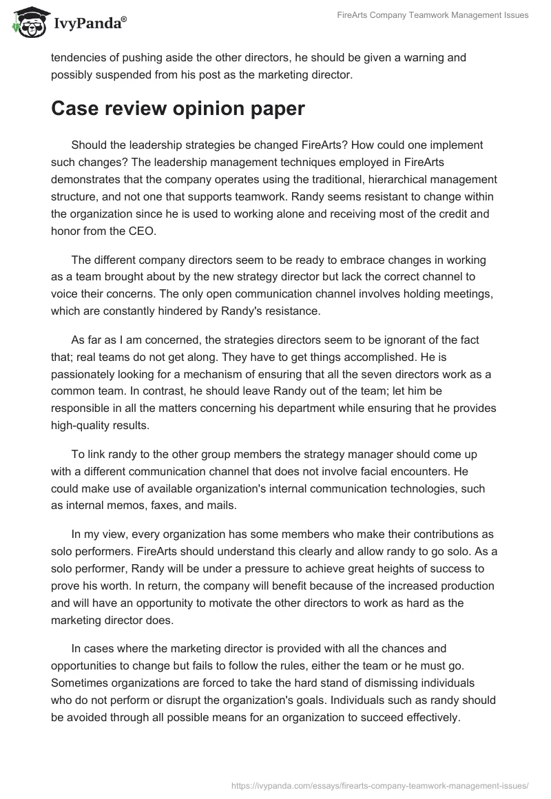 FireArts Company Teamwork Management Issues. Page 4