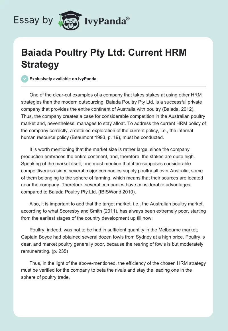 Baiada Poultry Pty Ltd: Current HRM Strategy. Page 1