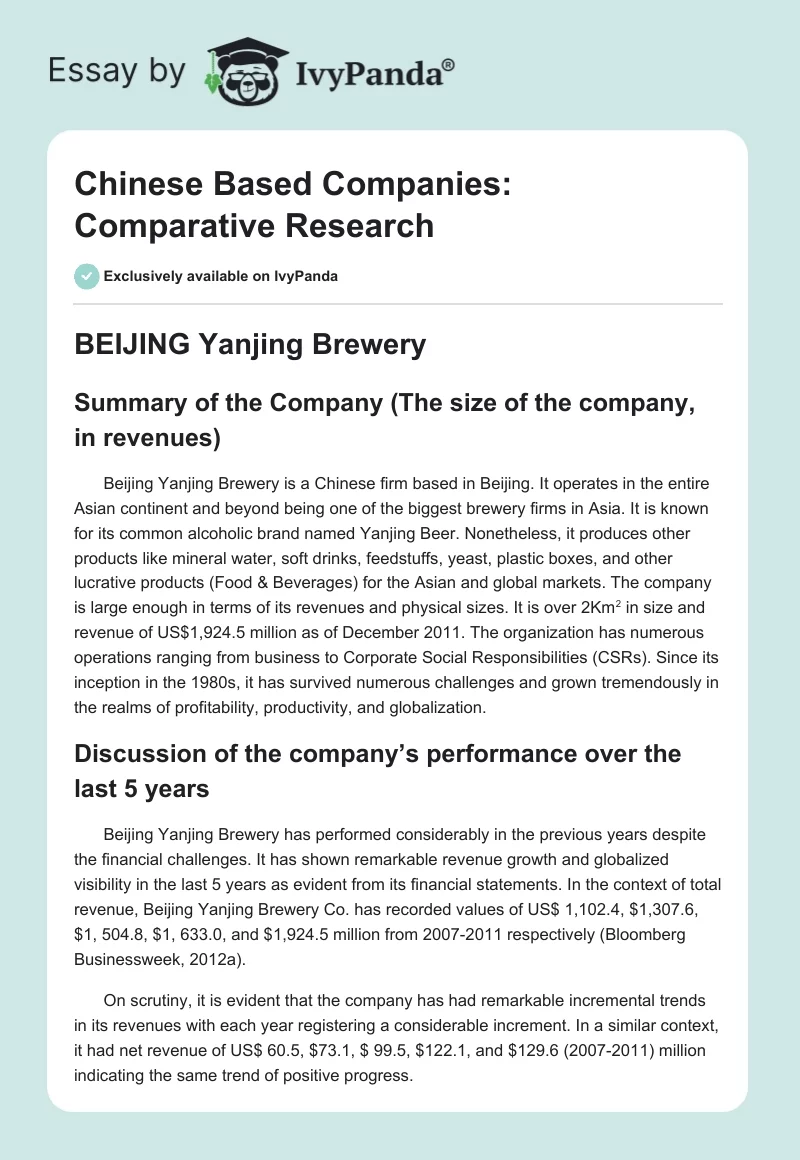 Chinese Based Companies: Comparative Research. Page 1