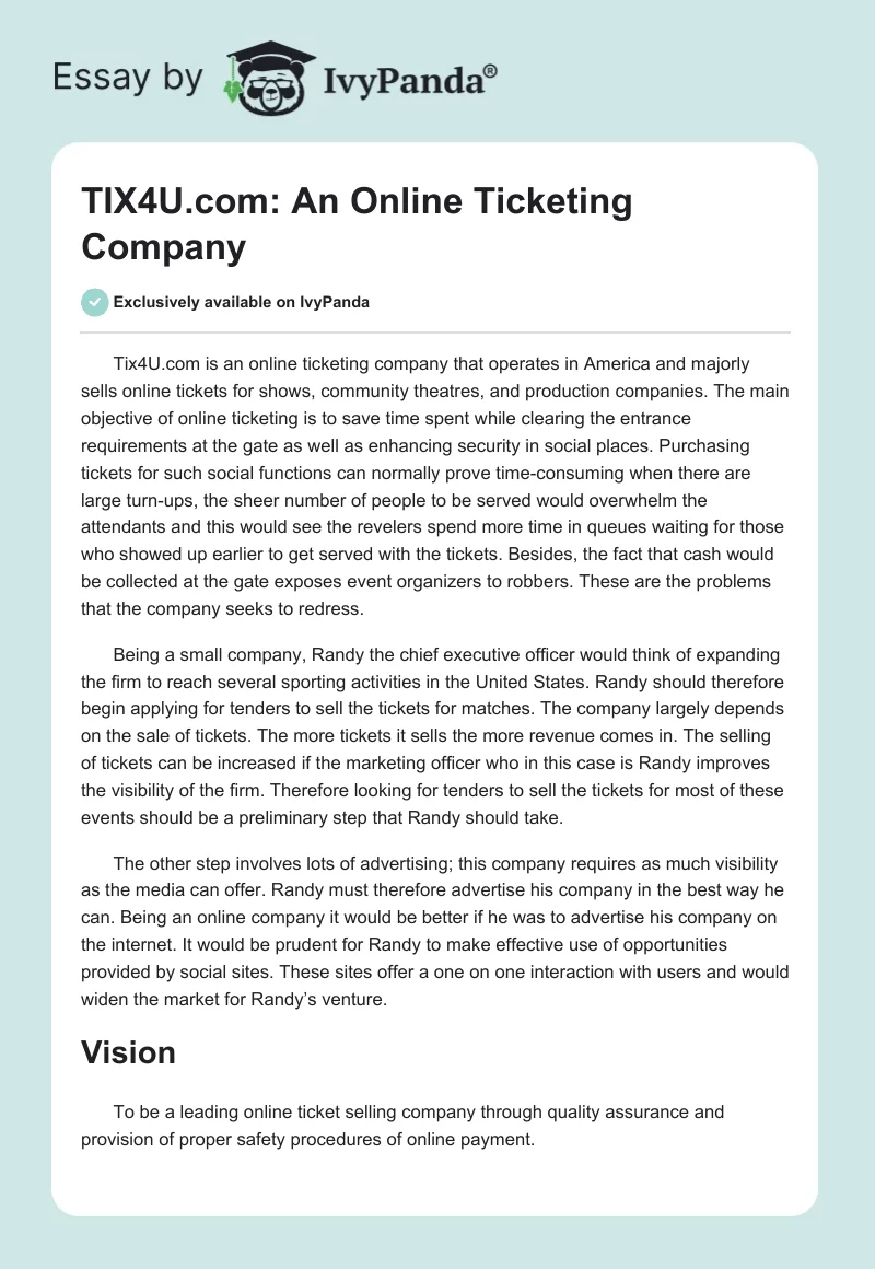 TIX4U.com: An Online Ticketing Company. Page 1