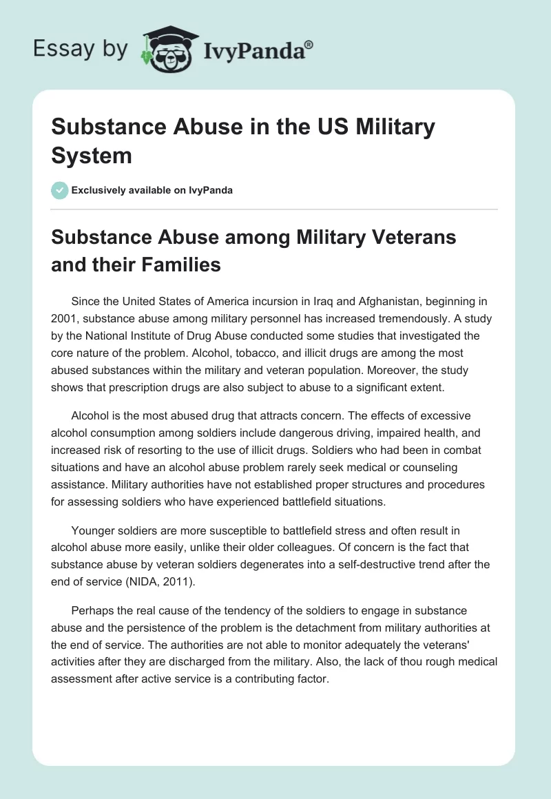 Substance Abuse in the US Military System. Page 1