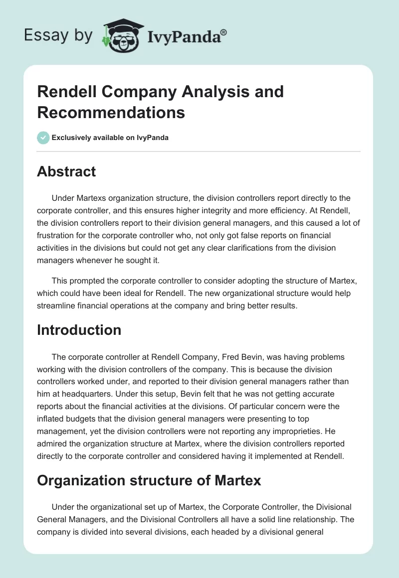 Rendell Company Analysis and Recommendations. Page 1