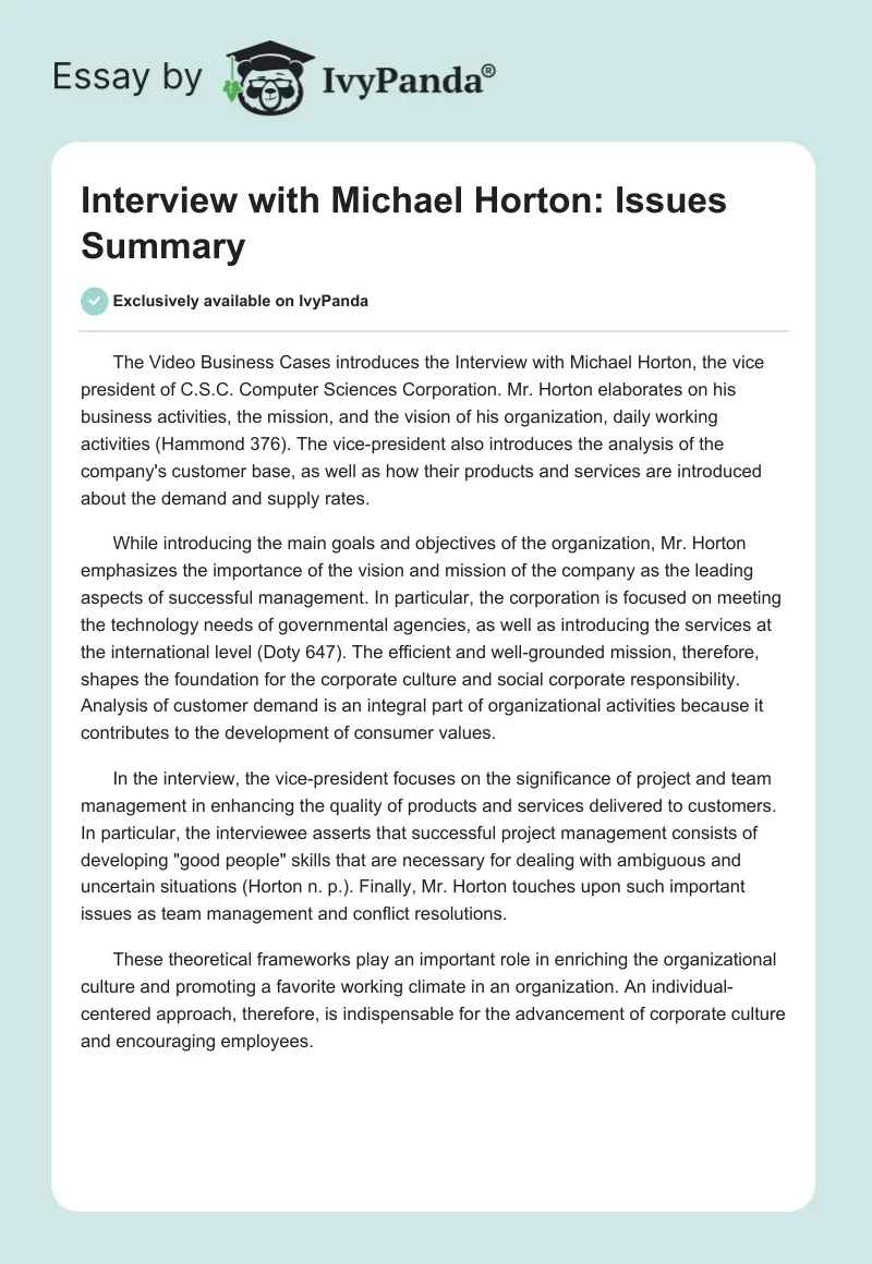 Interview with Michael Horton: Issues Summary. Page 1