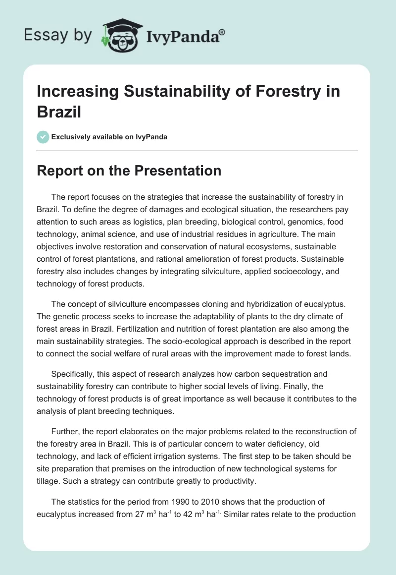 Increasing Sustainability of Forestry in Brazil. Page 1