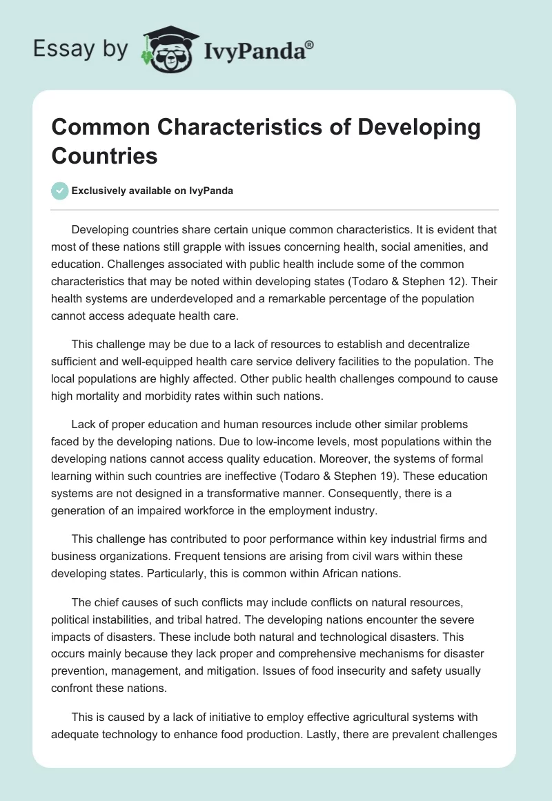 Common Characteristics of Developing Countries. Page 1